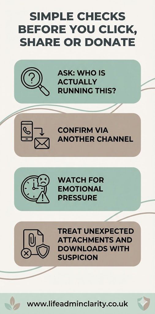 Infographic showing social media scams - Simple checks before you click, share or donate